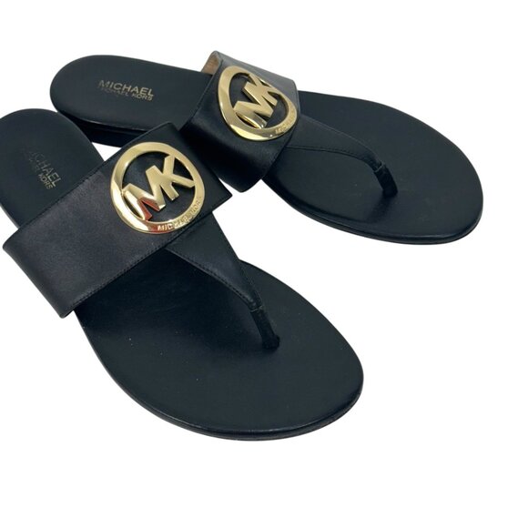 Michael Kors Women Black Leather Thong Sandals W/ Gold Logo Size 9.5M - Picture 6 of 11
